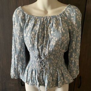 Mine Floral Blue Smocked Women's Top size S super cute